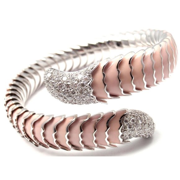 Authentic! ROBERTO COIN 18k White Gold Enamel Ruby Diamond Cobra Bangle Bracelet - Picture 2 of 8